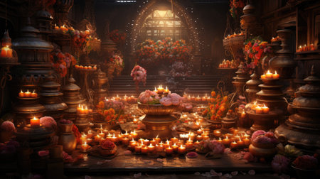 Buddhist temple with candles and flowers in the foregroundの素材