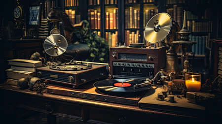 Vintage gramophone and books on the table. Retro style.の素材