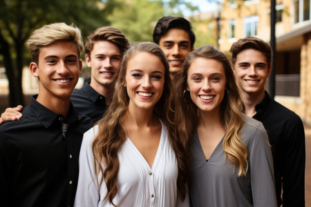 Group of young people standing in a row and smiling at the cameraの素材