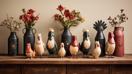 Vintage ceramic vases with flowers and chicken on a wooden shelfの素材