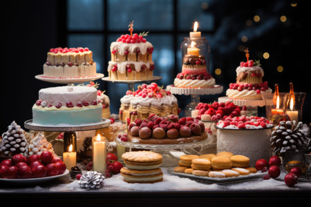 Wedding cakes with berries, macaroons, cookies and candlesの素材