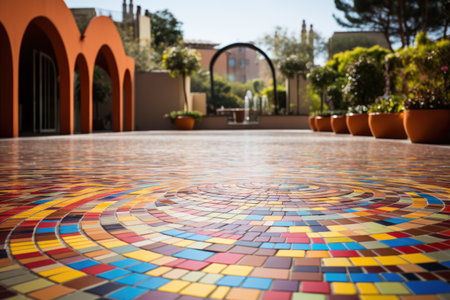 Colorful mosaic floor in a garden. Abstract background. Selective focus.の素材