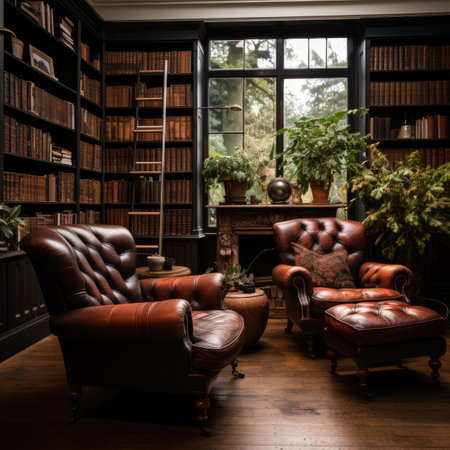 Luxury leather armchairs and bookshelves in the interiorの素材