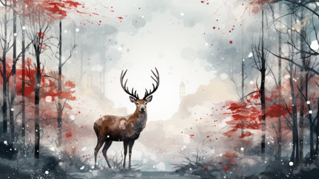 a deer in a winter forest with falling snow.の素材