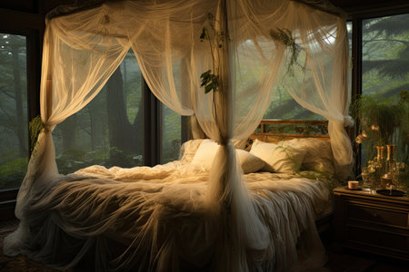 Double bed in the bedroom with a view of the mountains and forest.の素材