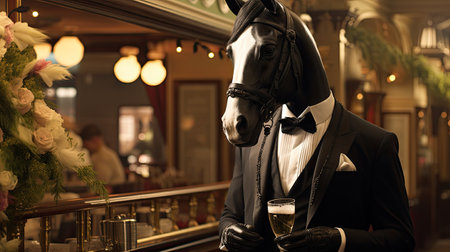 Horse in a suit and bow tie with a glass of beerの素材