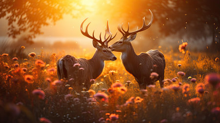 Two red deer in the meadow at sunrise. Beautiful nature scene.の素材
