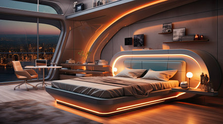 a modern bedroom in a loft style with a night viewの素材