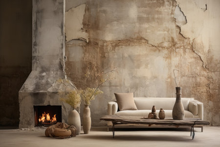 Interior of a living room with a fireplace and a vintage sofaの素材