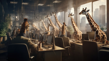 Giraffes in a modern office.の素材