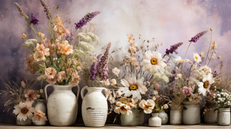 Still life of dried flowers in vases on wooden table, retro styleの素材