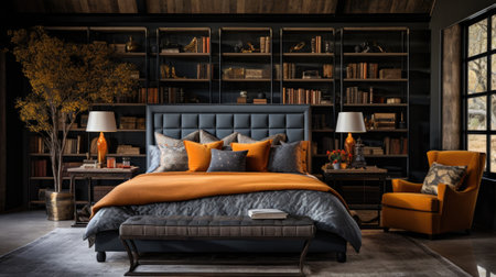 Interior of modern bedroom with dark wooden walls, concrete floor, comfortable king size bed with orange cushions and bookcase.の素材