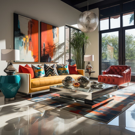 modern living room interior design with orange sofaの素材