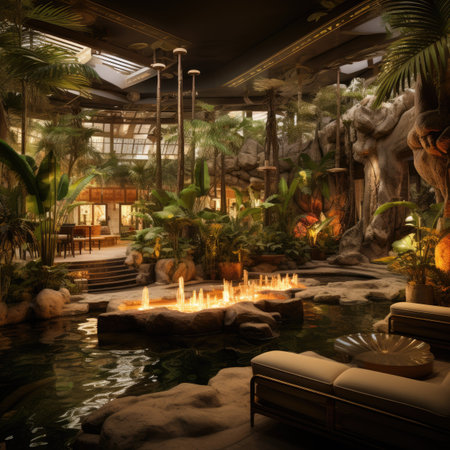 a beautiful tropical garden with palm trees and flowersの素材