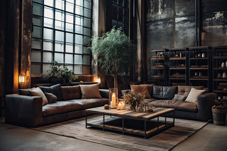 Interior of living room in loft style with sofa and coffee tableの素材