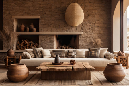 Interior of modern living room with brick walls, wooden floor and comfortable sofa.の素材