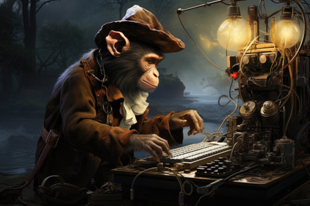 Fantasy scene with a monkey in a hat and a computer keyboardの素材
