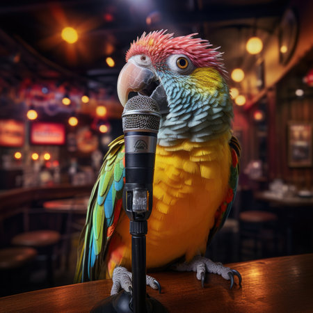 Portrait of a beautiful parrot with a microphone in a nightclubの素材