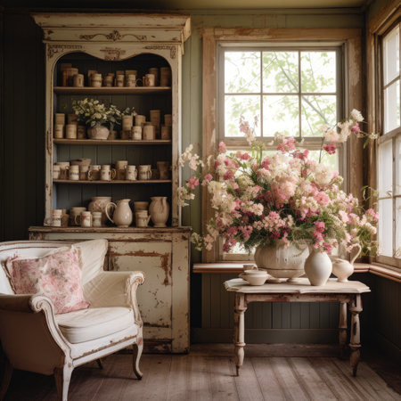 Vintage interior of a living room with old furniture, armchair and a vase of flowersの素材