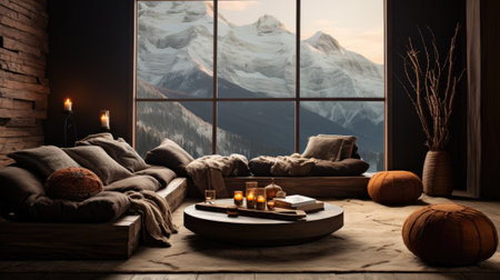 Cozy living room interior with wooden coffee table, armchair, pillows, coffee table and panoramic view of mountains in the backgroundの素材