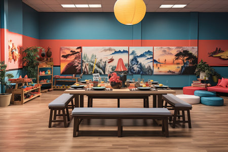 Interior of a cafe with tables and chairs.の素材
