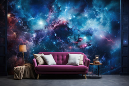 interior with purple sofa, lamp and books.の素材