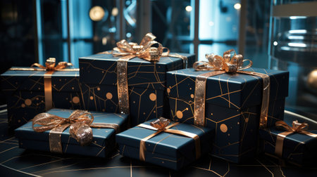 Gift boxes with gold ribbons on a black table in a shop windowの素材