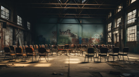 Interior of an old abandoned industrial building with rows of empty chairsの素材