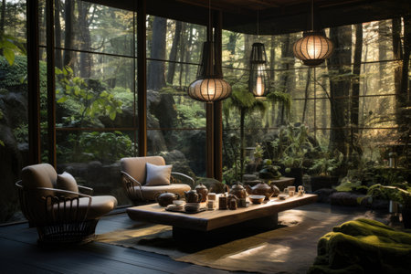 Interior of a modern living room with a view of the gardenの素材