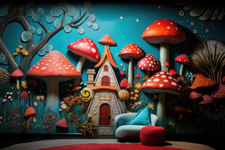 Fantasy castle with red carpet and mushrooms.の素材