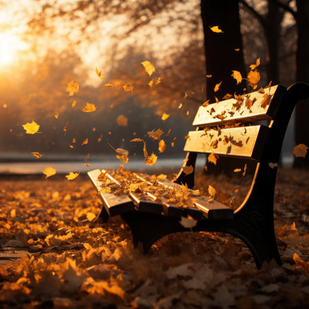 Bench with fallen leaves in autumn park at sunset. Beautiful nature backgroundの素材