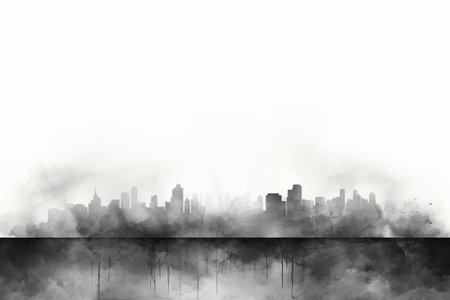 City skyline silhouette in black and white fog.の素材