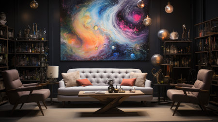 Interior of modern living room with white sofa, coffee table, bookshelf, armchairs and paintings.の素材