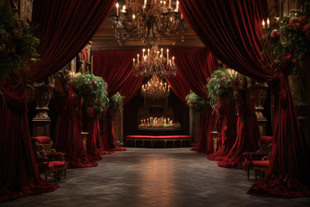 Interior of a church with red curtains and chandeliers.の素材