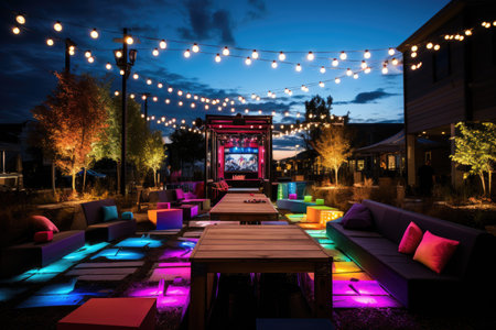 Cafe on the beach at night with colorful lights and chairs.の素材