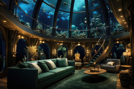Interior of a fantasy living room with a view on the underwater world.の素材