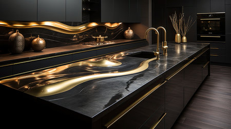 luxury modern kitchen with black and gold marble countertopの素材