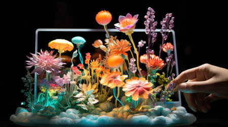 Close-up of hand holding glass florarium with colorful flowersの素材