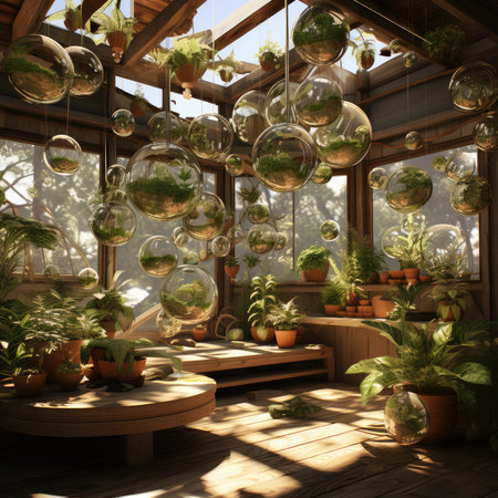 Interior of a greenhouse with plants.の素材