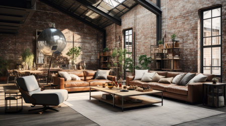 Modern loft living room interior design with brown leather sofa and coffee table.の素材