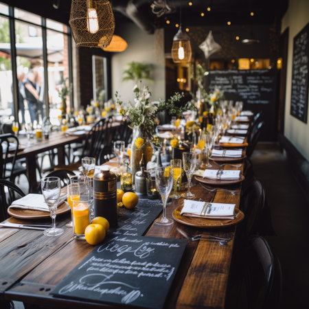 Restaurant interior. Table setting for wedding or another catered event dinner.の素材