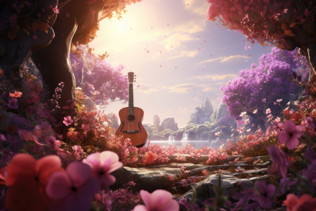 Guitar in the garden with flowers.の素材