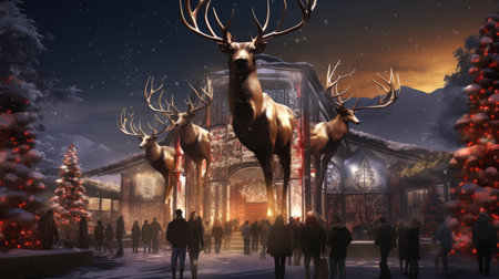 Christmas scene with deers in front of a house in winter.の素材