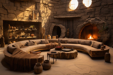 Interior of a cozy living room with a fireplace and sofasの素材