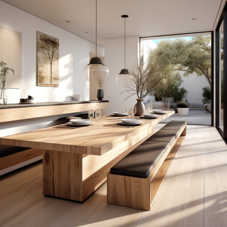 Interior of modern kitchen with white walls, wooden floor, wooden countertops and bar with stools.の素材