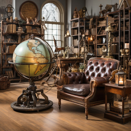 Vintage interior of an old library with a leather armchair and a globeの素材