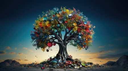 tree with colorful circles and balls in the skyの素材