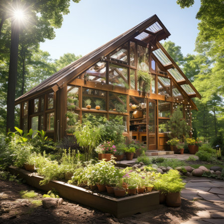Greenhouse in the forest with sun rays and green plants in the foregroundの素材
