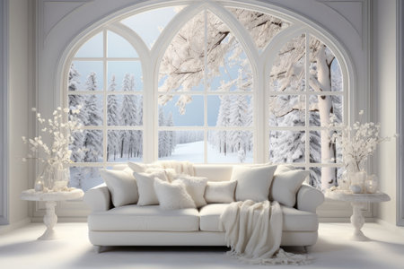 white sofa in living room with winter landscape viewの素材