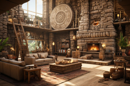 Interior of a living room with a fireplace.の素材